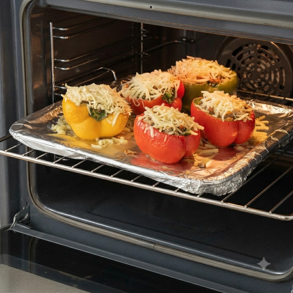 A baking sheet holding stuffed bell peppers topped with melted cheese being placed onto the middle rack inside an oven.