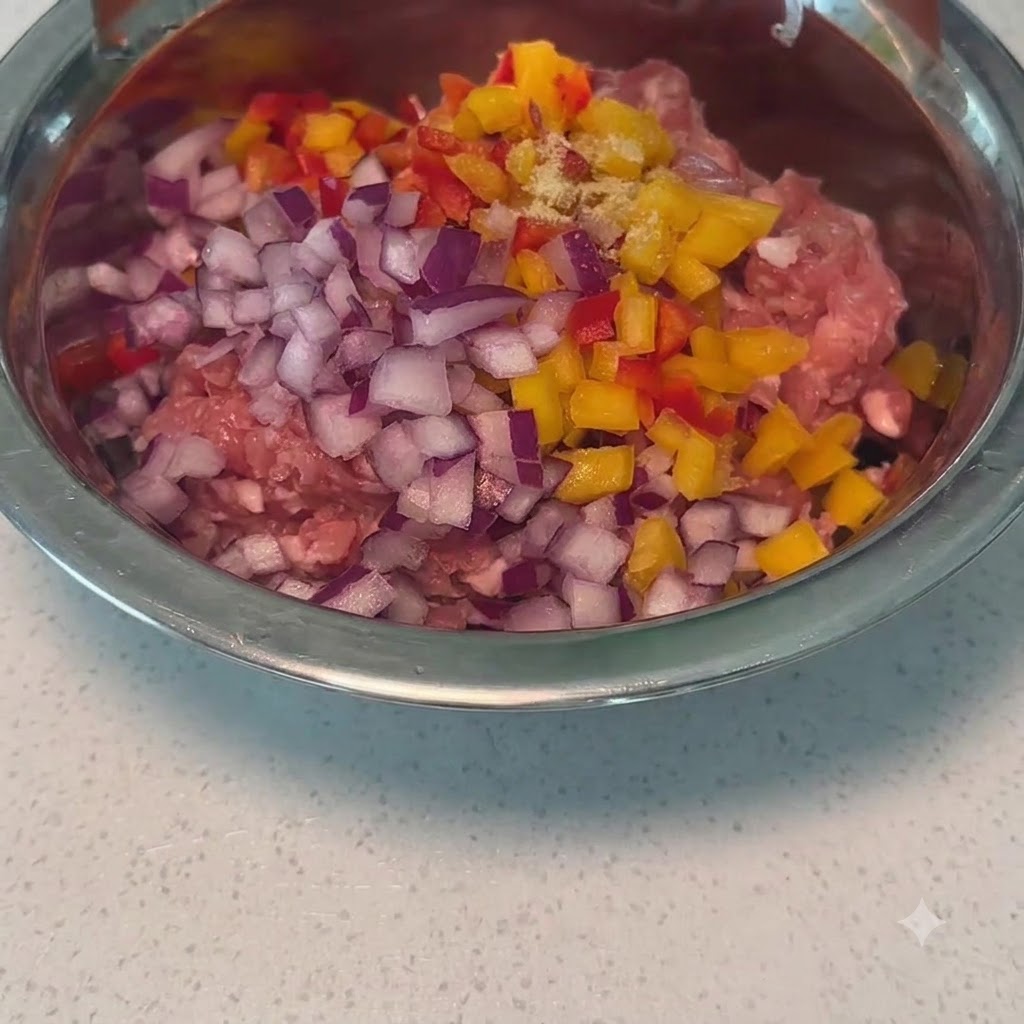 Diced red and yellow bell peppers and red onions added on top of minced pork inside a metal bowl.