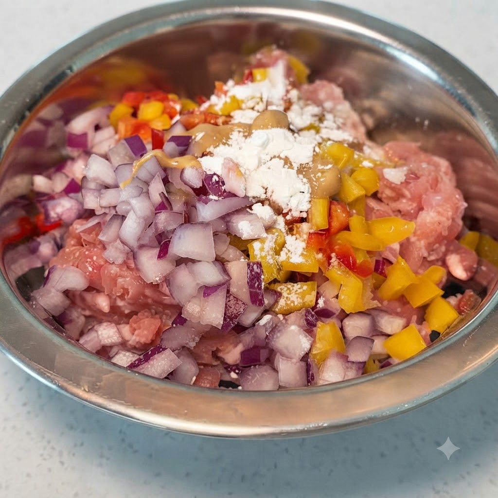 Soy sauce, peanut butter, cumin, and cornstarch sprinkled over the meat and vegetable mixture in a bowl.