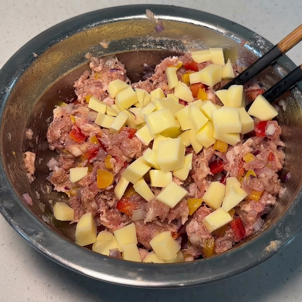 Cheese cubes added into the mixed meat bowl, ready to be incorporated.