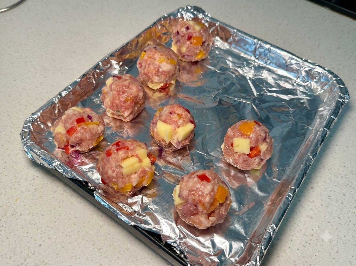 Shaped pork and cheese meatballs arranged on an aluminum foil-lined baking tray.