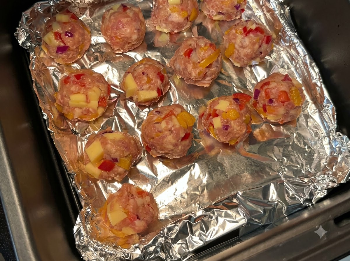 The baking tray loaded with meatballs placed inside the air fryer compartment.