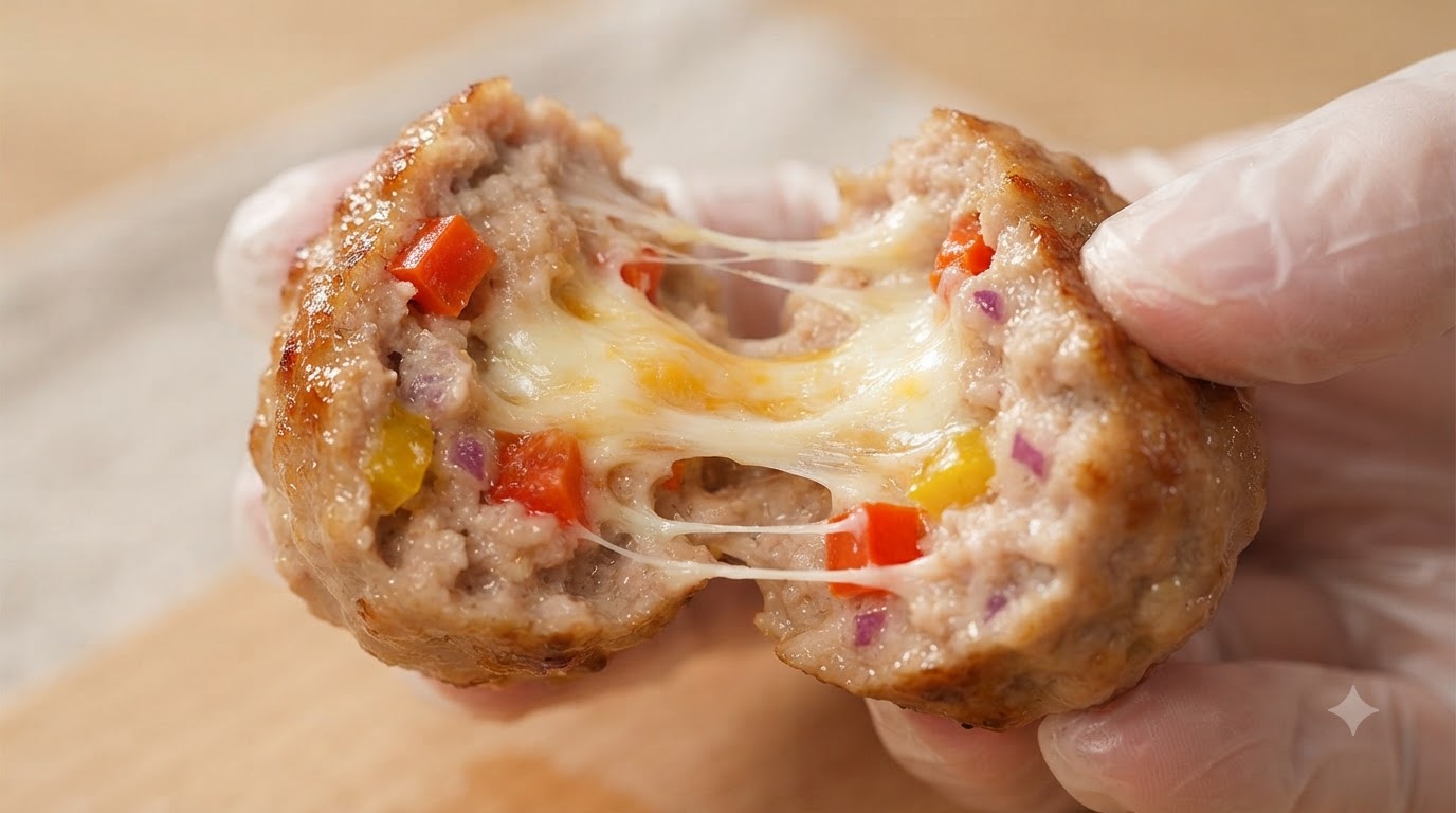 A freshly cooked pork meatball pulled open to reveal gooey, melted stringy cheese and colorful bell pepper pieces inside.