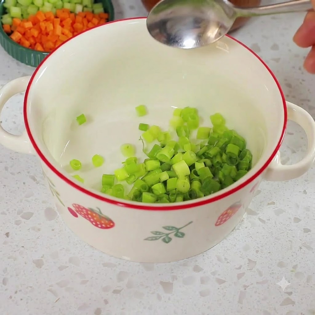 Chopped green scallions and diced carrots placed inside a white mixing bowl with a red rim.