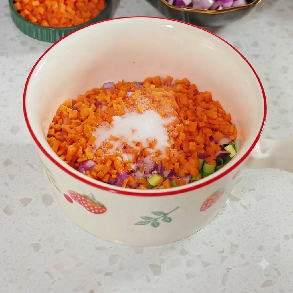 A heap of white salt poured over finely diced carrots and red onions in a white bowl.