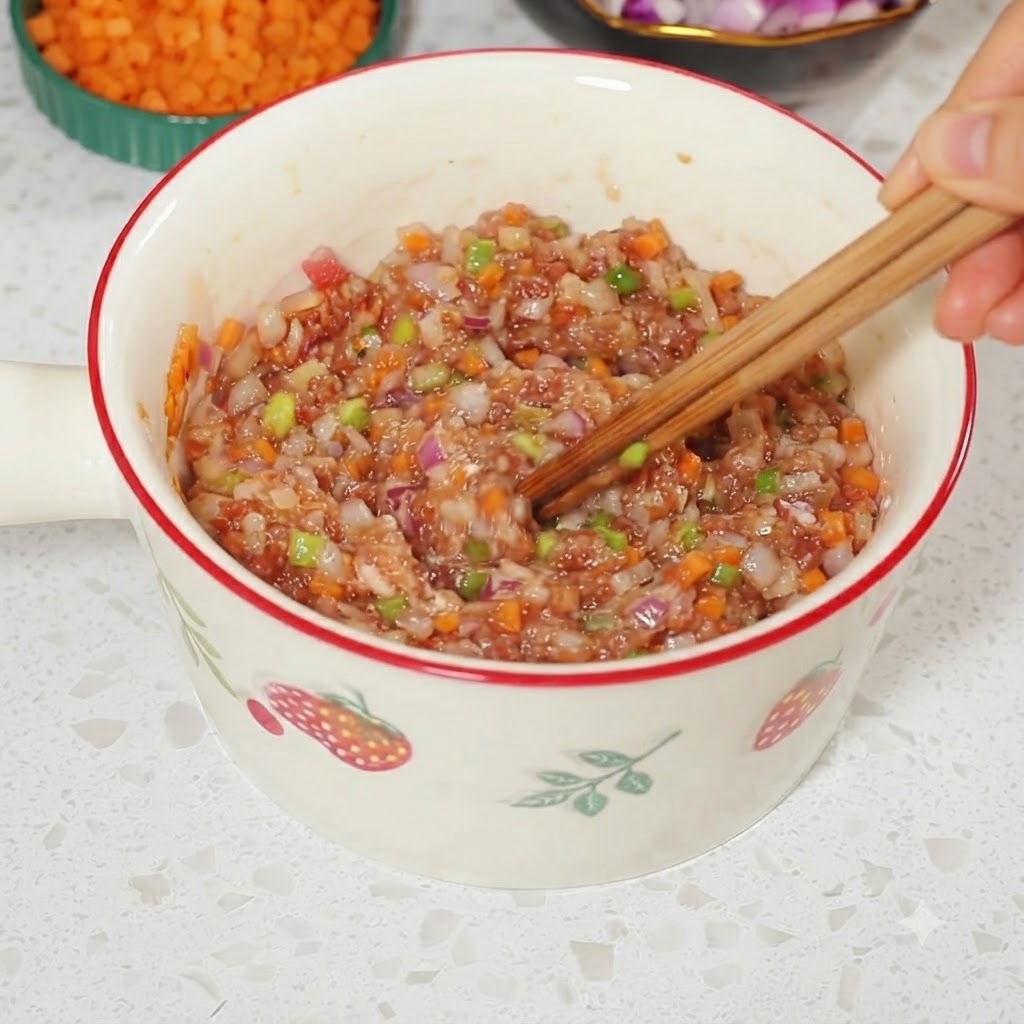 Thoroughly mixing the minced meat, vegetables, and seasonings in the bowl using chopsticks.