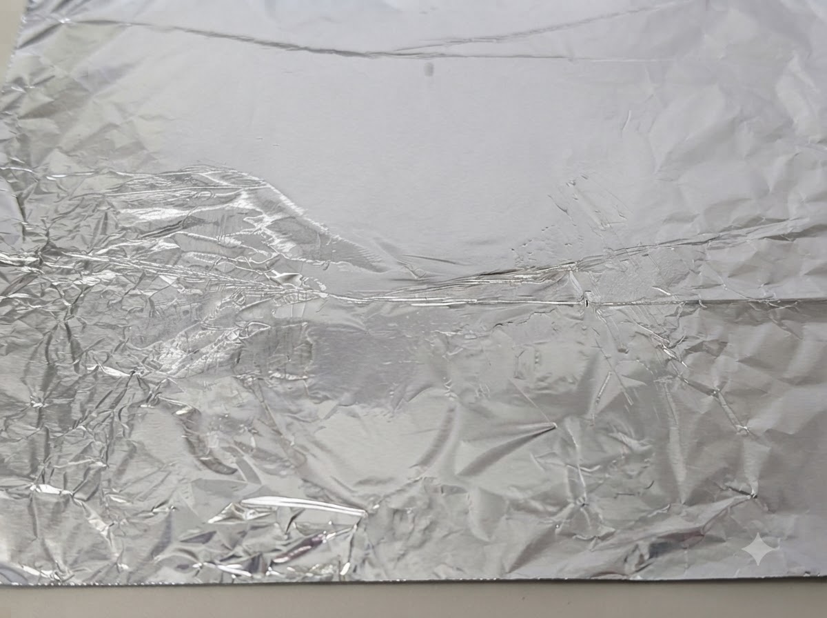 A sheet of crumpled aluminum foil on a baking tray brushed with cooking oil.
