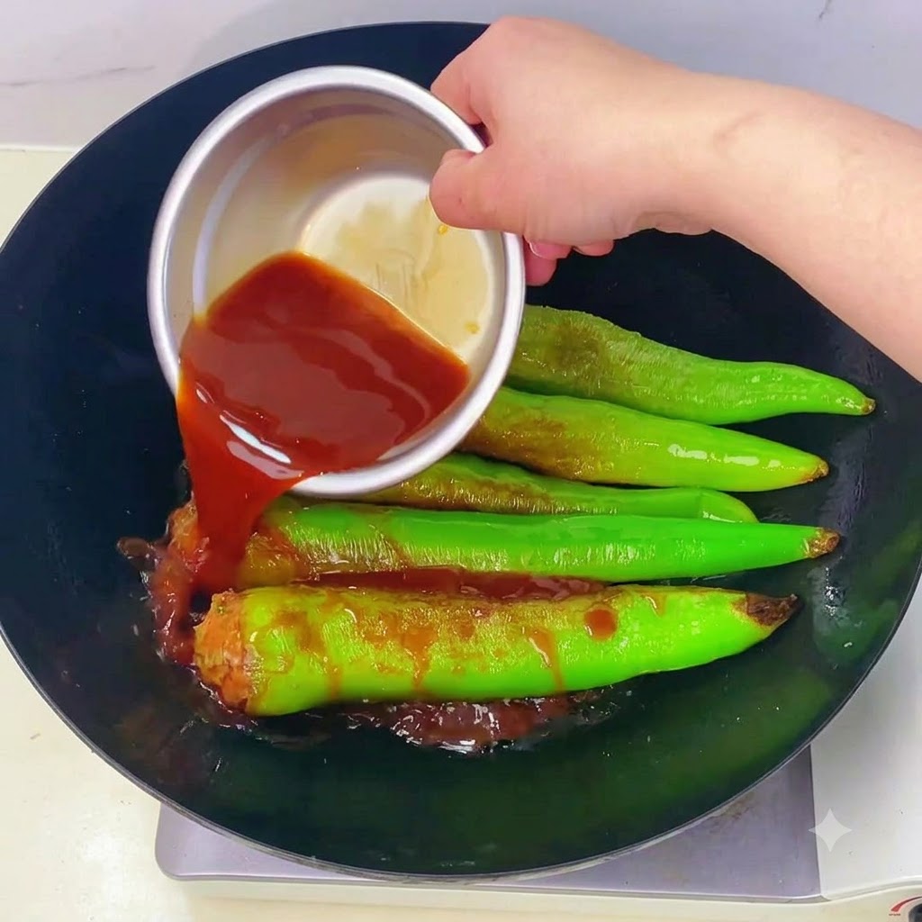Sauce being poured from a small metal bowl onto the fried stuffed green peppers inside the wok.