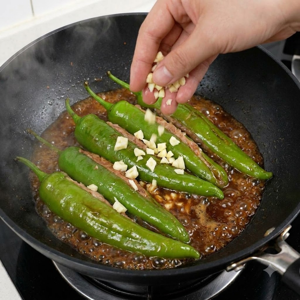 Minced garlic, chopped red chili peppers, and white sesame seeds being sprinkled over simmering stuffed green peppers in a wok.