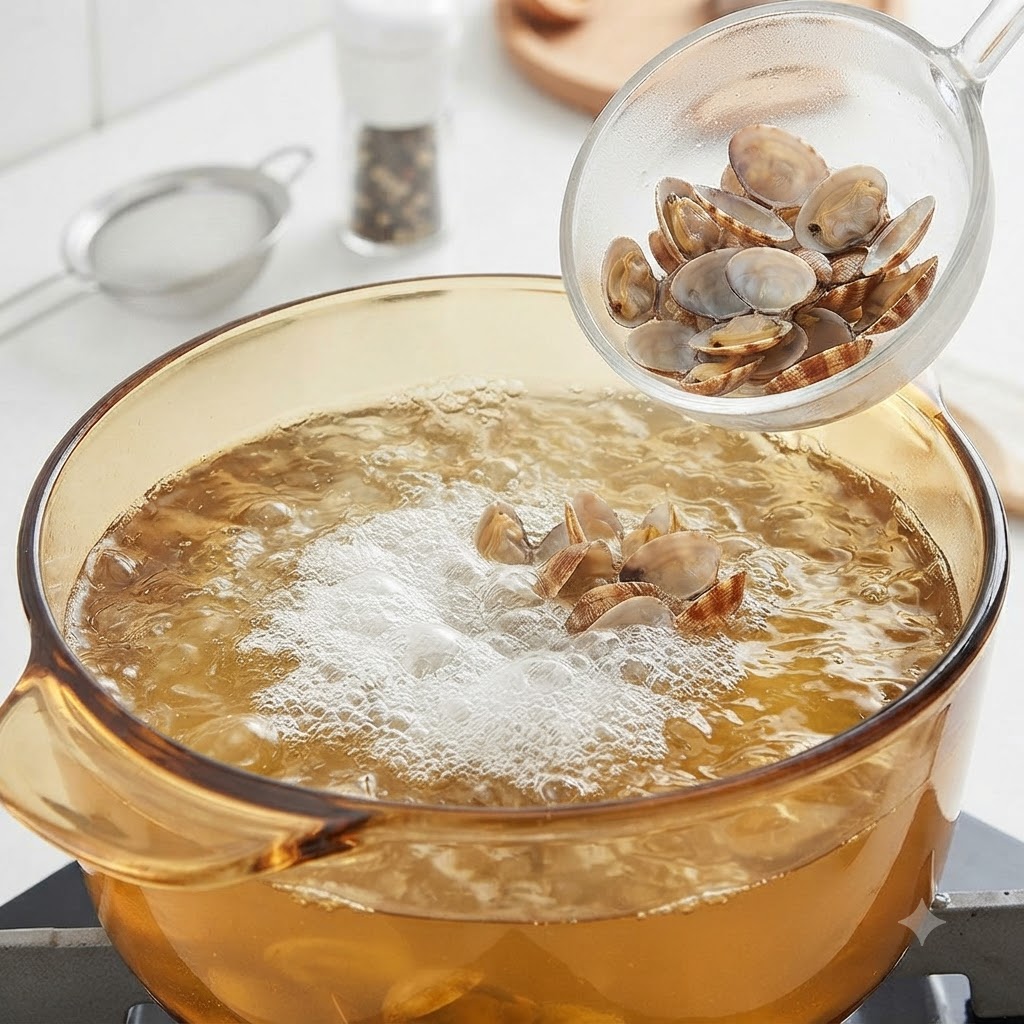 A ladle scooping cooked clams out of a pot of boiling broth.