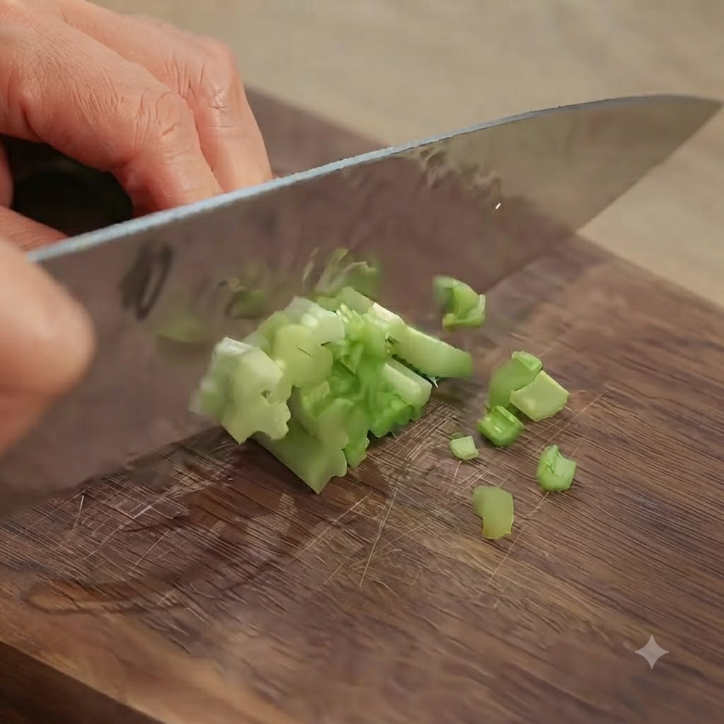 Potatoes being chopped into small cubes on a wooden cutting board with a knife.