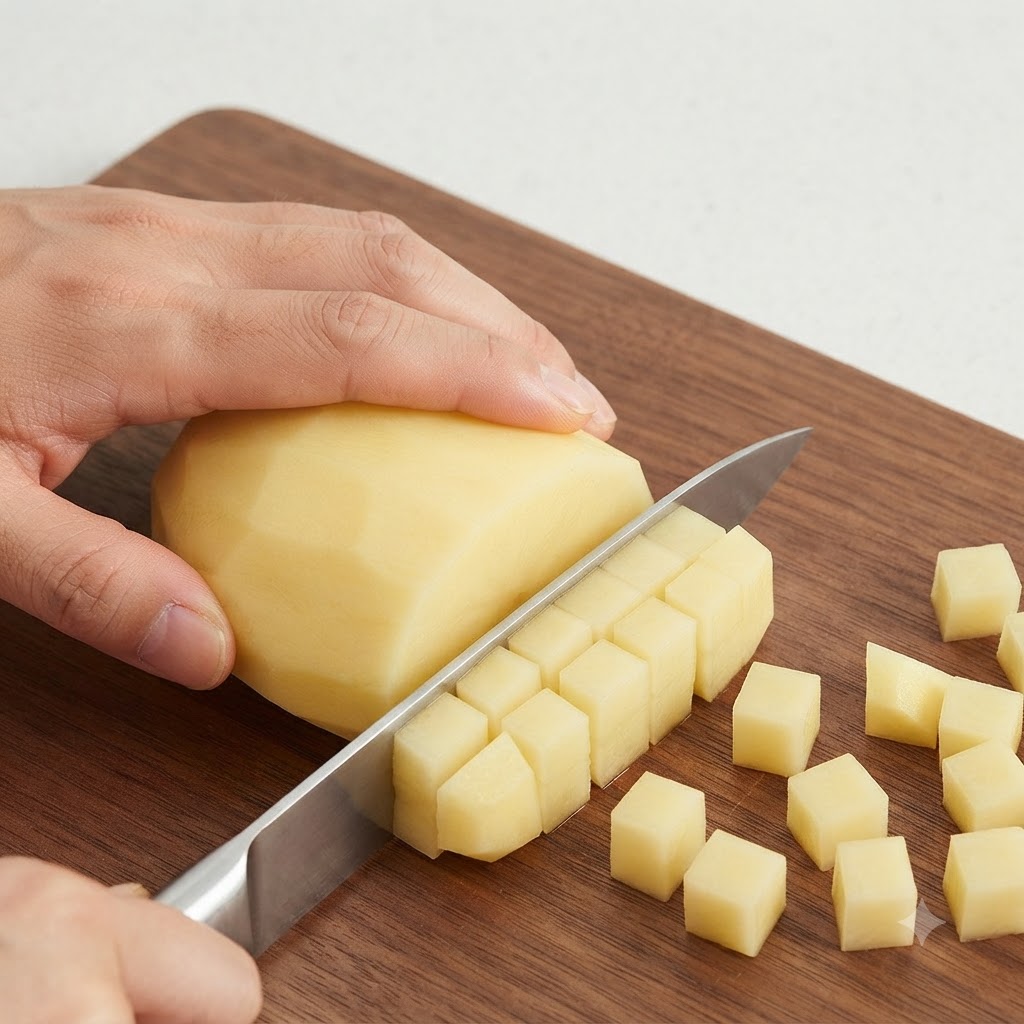 Red onion being chopped into small pieces on a wooden cutting board.