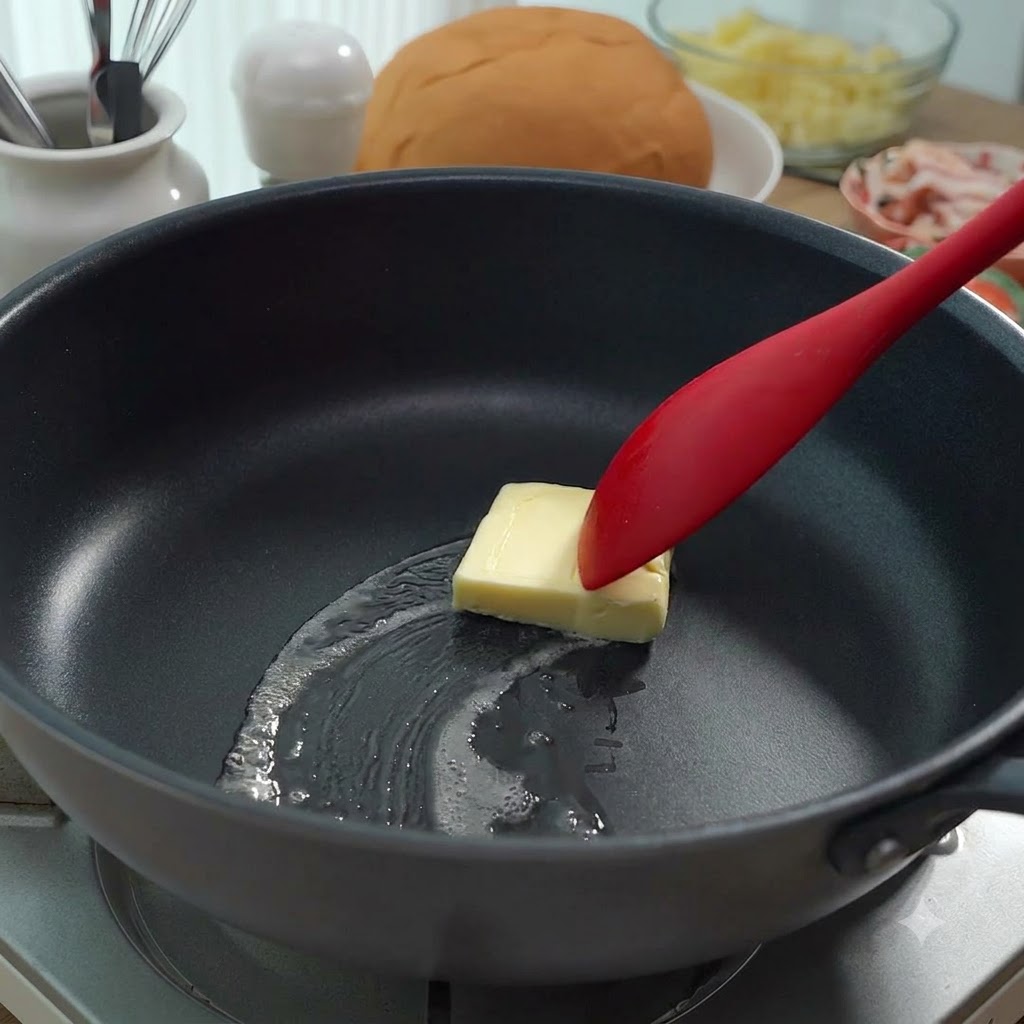 Butter melting in a frying pan with flour being stirred in with a red spatula.