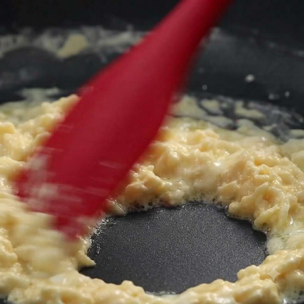Milk and heavy cream being incorporated into a thick roux in a frying pan using a spatula.