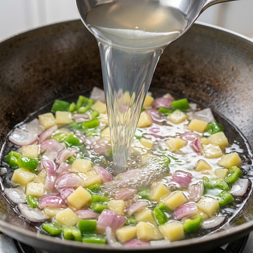 Clam broth being poured from a ladle into a pan filled with diced vegetables and bacon.