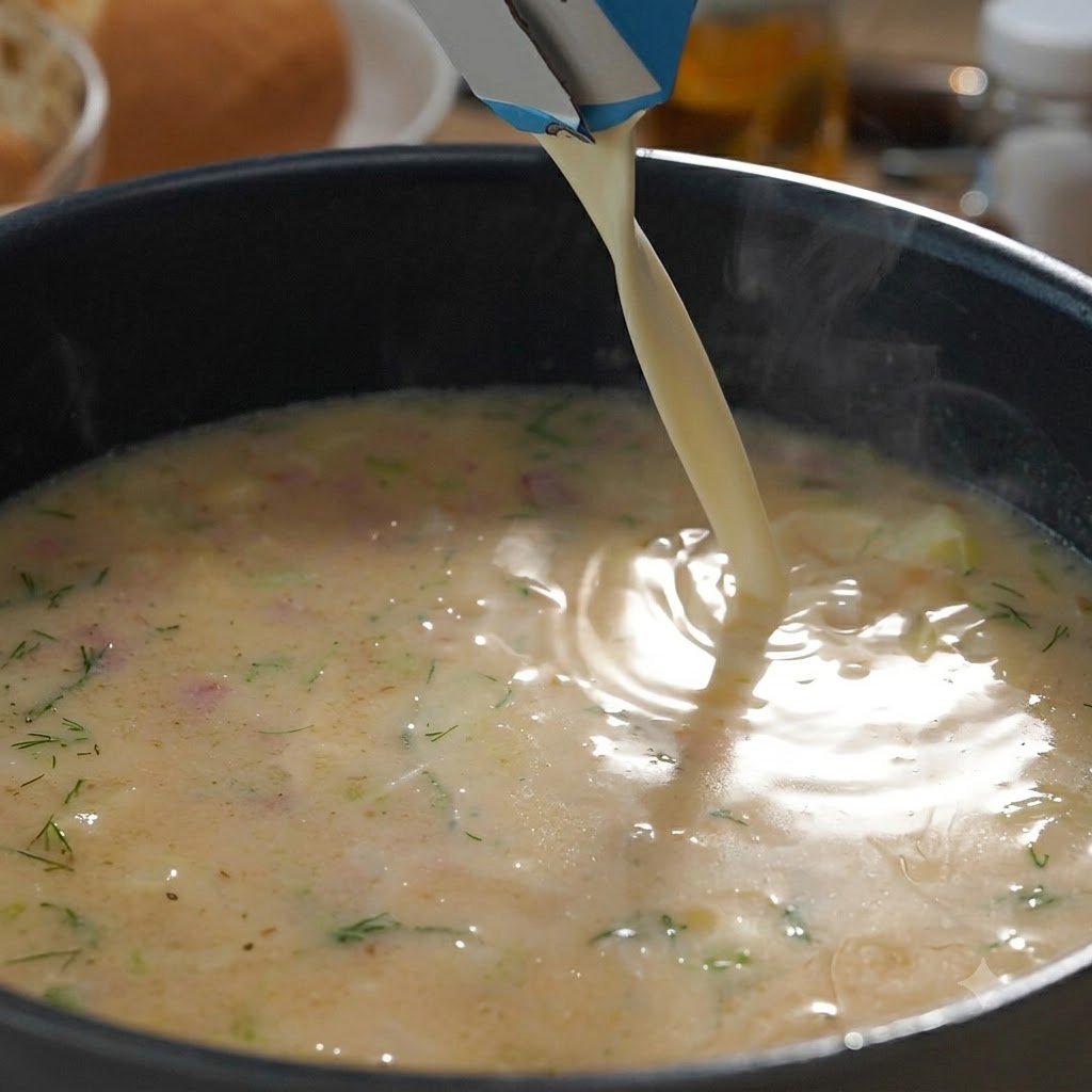 Milk and heavy cream being poured from a carton into a simmering pot of creamy clam soup.