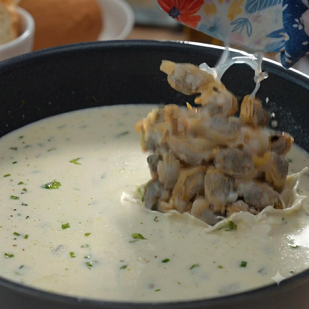 Clam meat being poured from a bowl into a pot of creamy white soup.