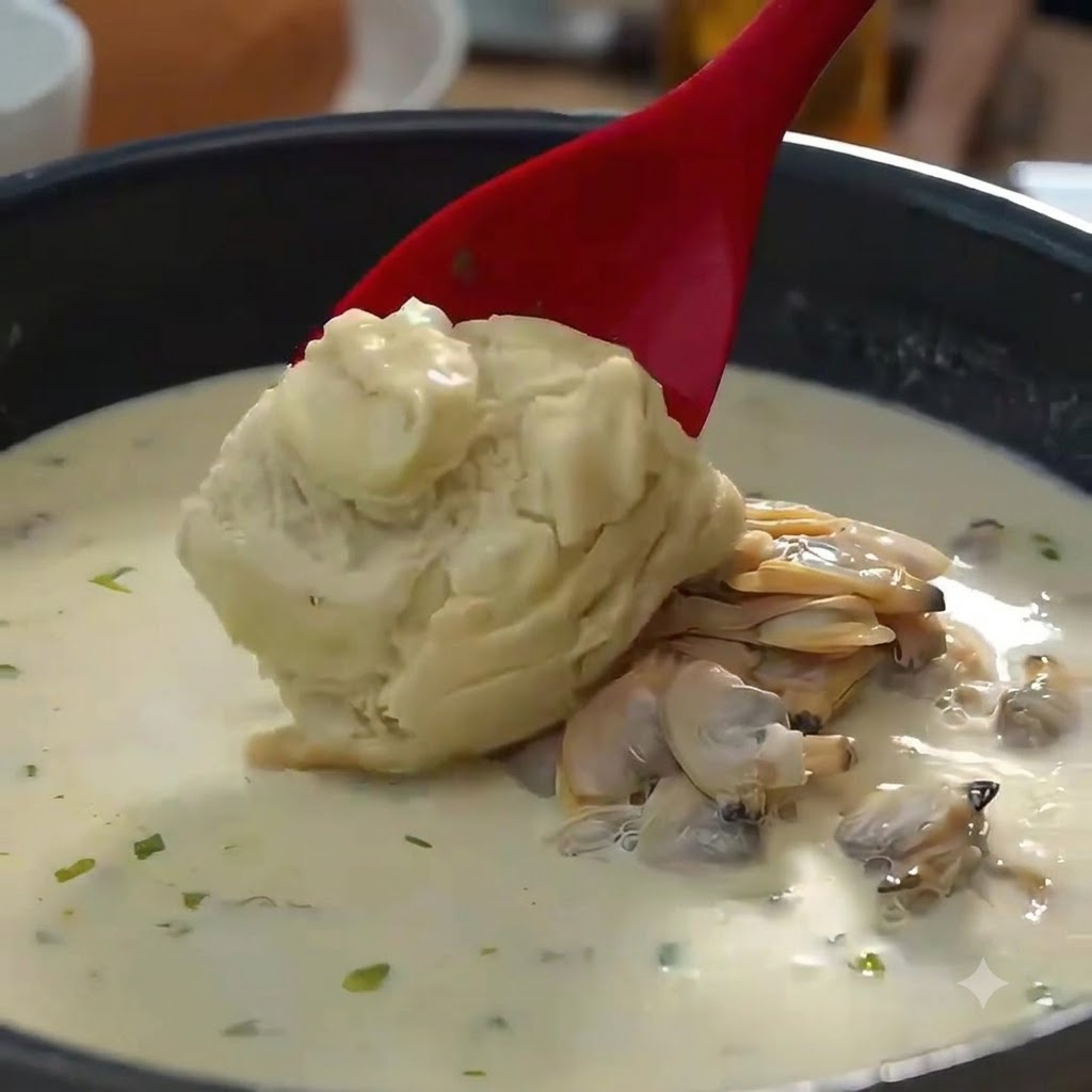 A red spoon scooping white sauce into a pot filled with creamy soup and clams.