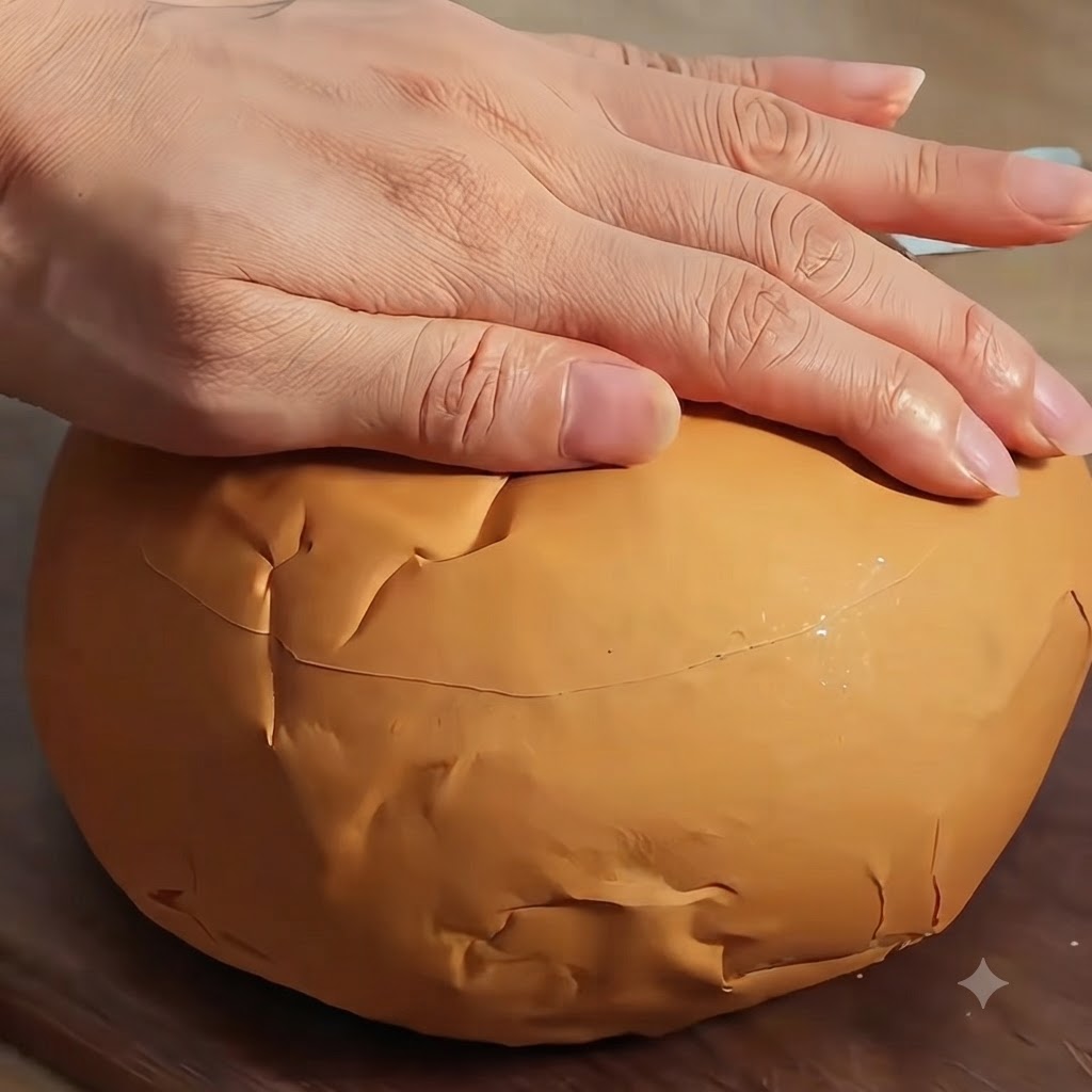 A pair of hands slicing the top off a round bread loaf to begin forming a hollow bread bowl.