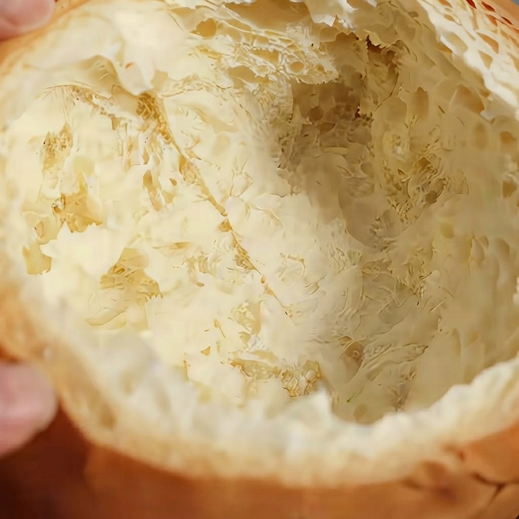A close-up view of the inside of a hollowed-out artisan bread bowl ready to be filled with soup.