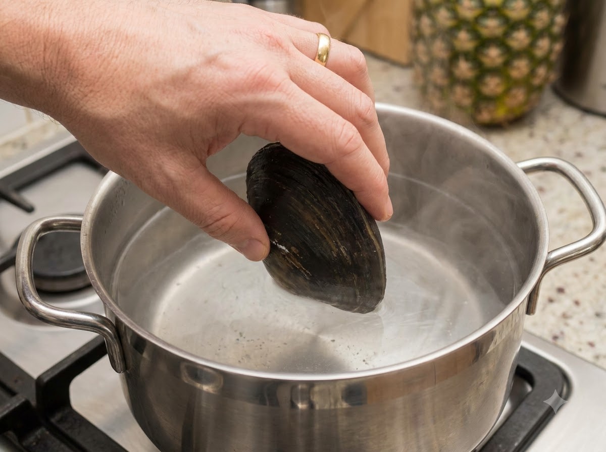 Clams and green-lipped mussels being placed into boiling water in a stock pot.