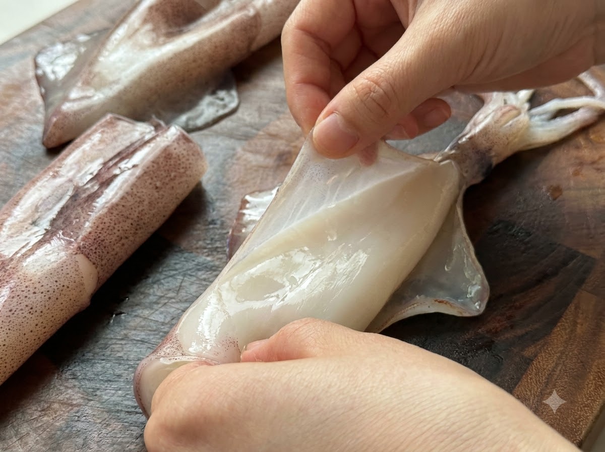 Hands peeling the purplish outer skin off a fresh squid on a wooden cutting board.