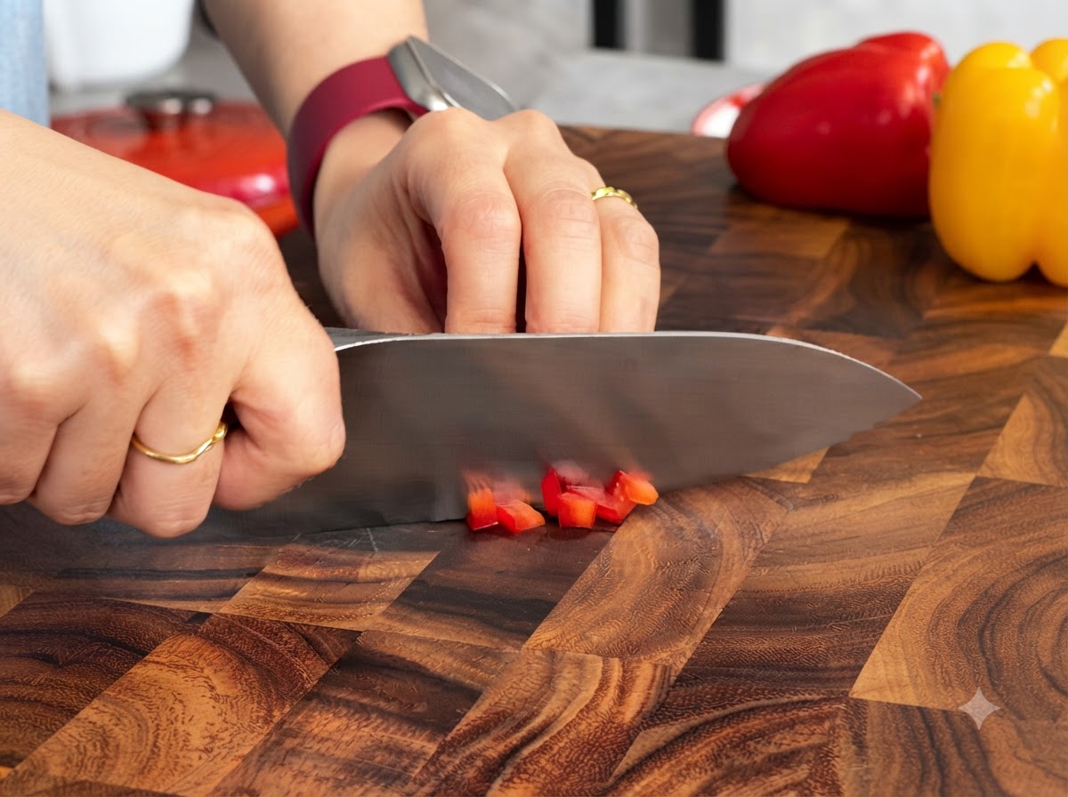 Red and yellow bell peppers being evenly diced with a sharp knife on a wooden cutting board.