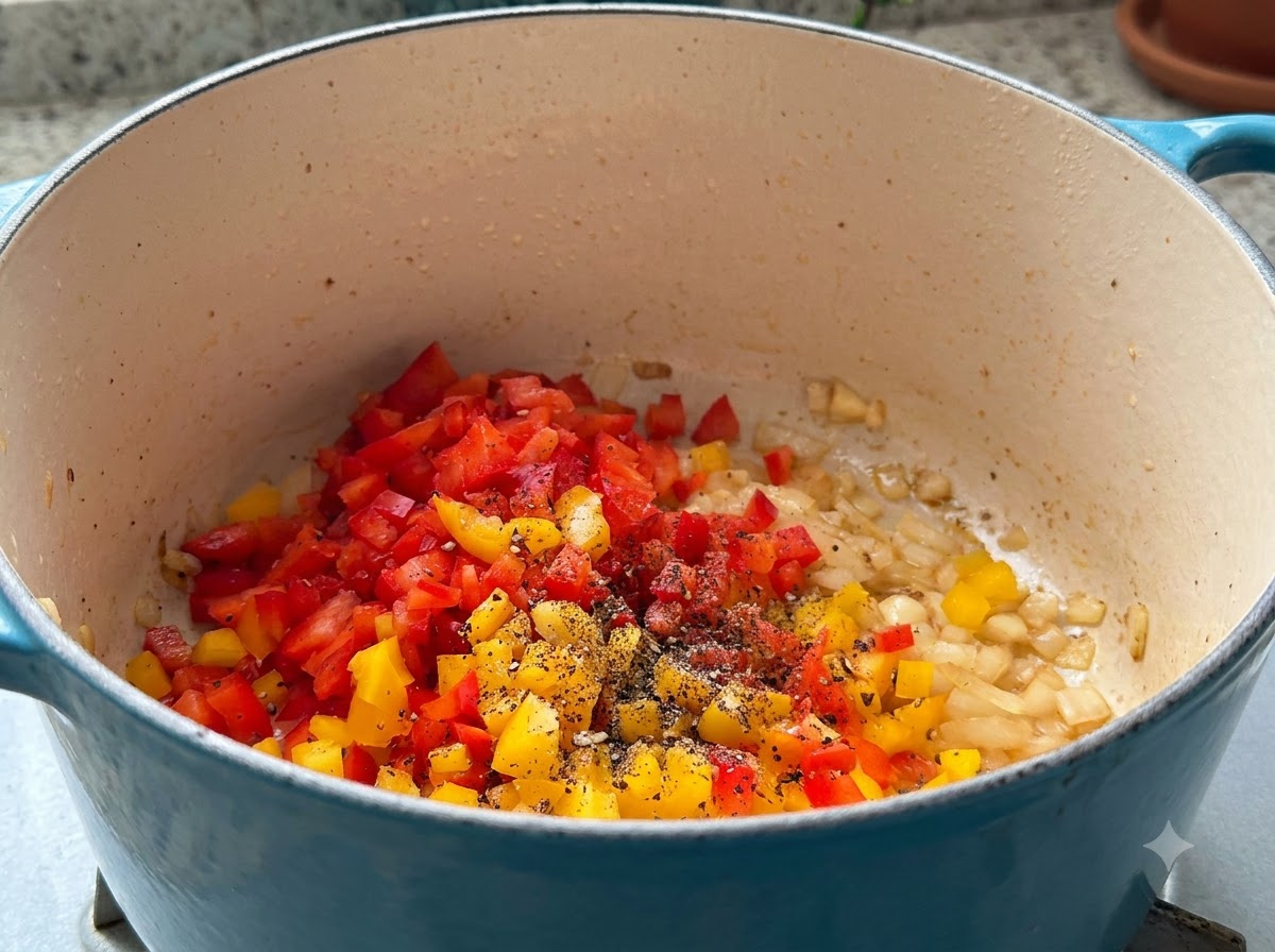 A close-up of smoked paprika powder and seasonings sprinkled over diced bell peppers and onions in a pot.