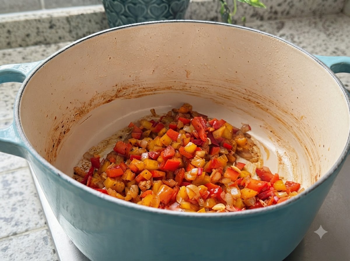 A pan containing sauteed bell peppers, onions, and seasonings after white wine has been poured and stir-fried.