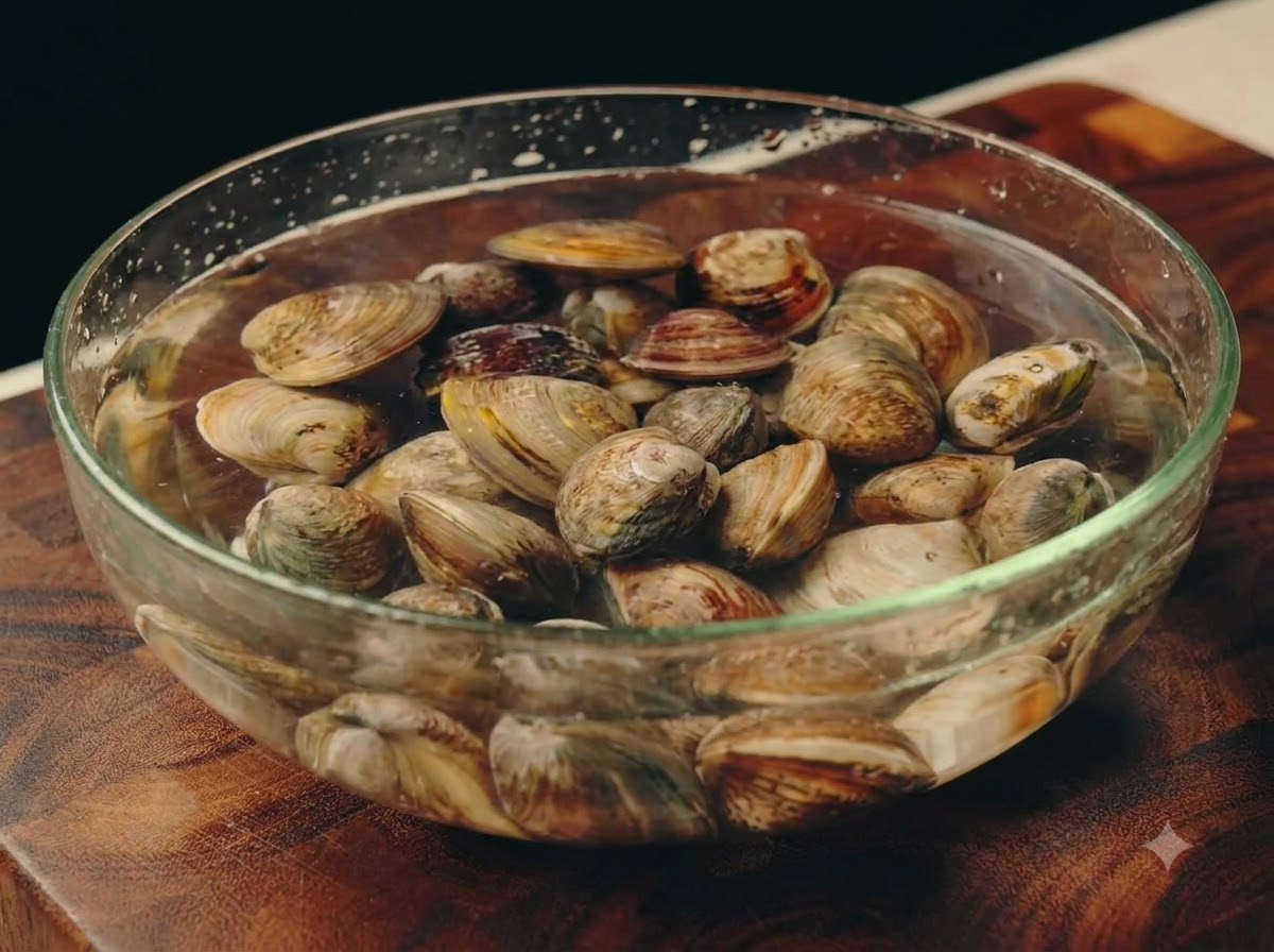 Fresh clams soaking inside a clear glass bowl of water on a wooden surface.