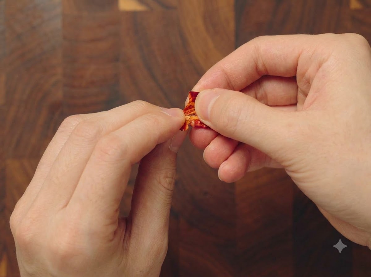 Close-up of hands pulling apart dry red chili peppers to remove seeds on a cutting board.