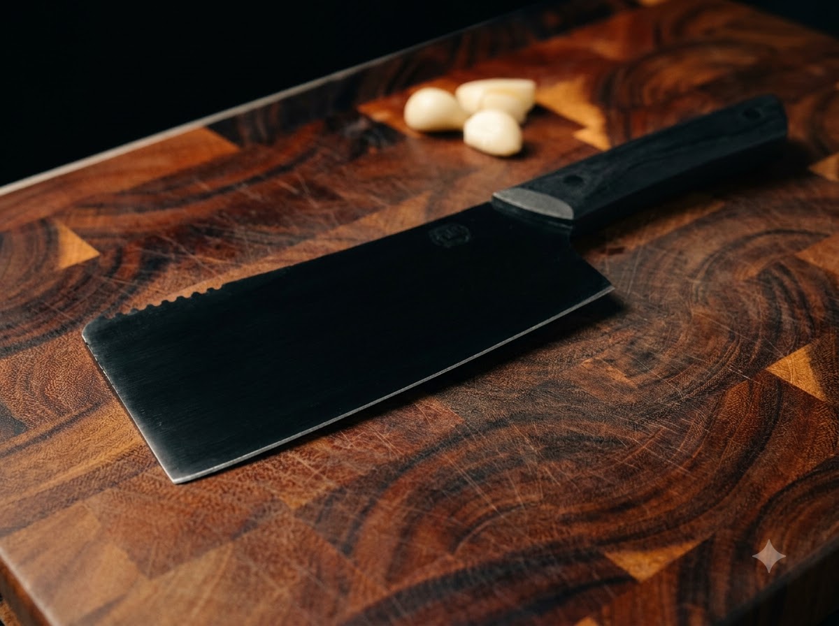 A black-handled cleaver knife pressing down on peeled garlic cloves on a dark wooden board.