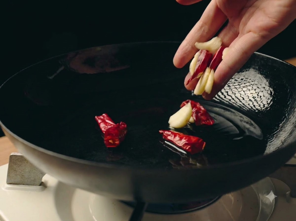 Flattened garlic cloves and dry chili peppers frying in hot oil inside a black pan.