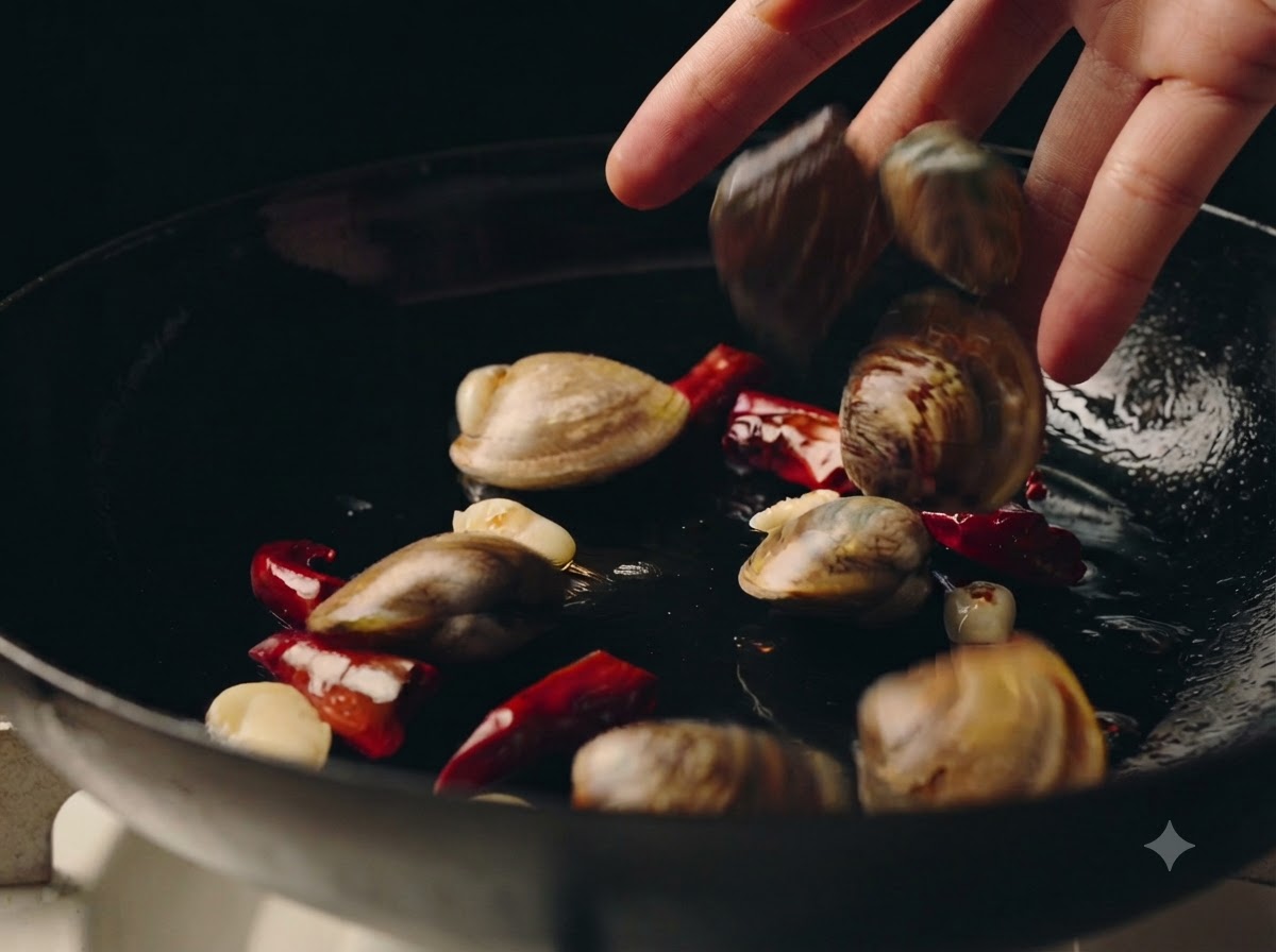 Fresh clams being dropped by hand into a hot skillet containing garlic cloves and dried chili peppers.
