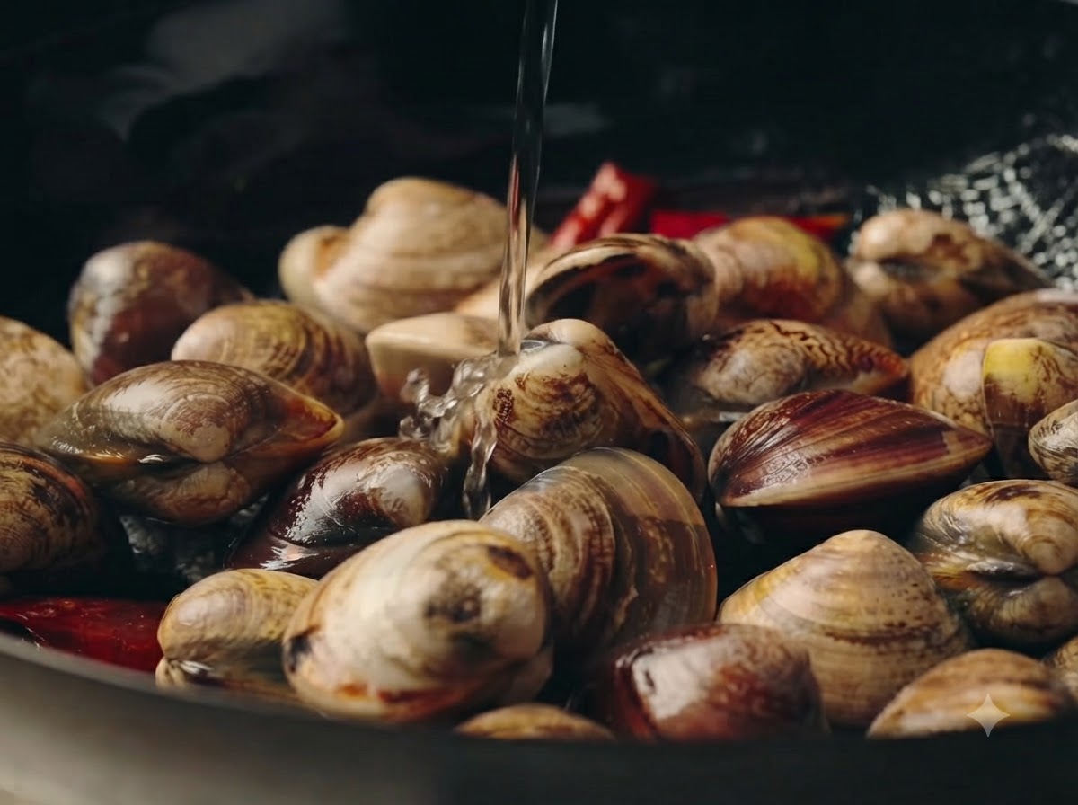 Clear sake being poured from a measuring container into a pan filled with clams and aromatics.