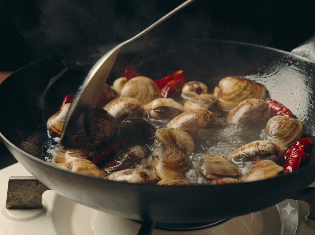 Clams simmering and opening in broth in a pan while being stirred with a metal spatula.