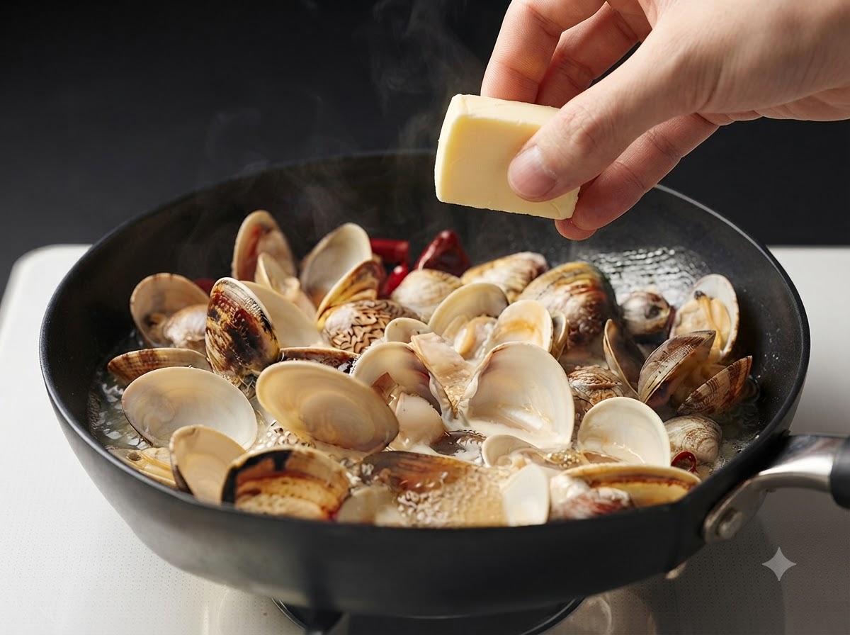A small pat of butter being dropped into a pan of simmering clams and broth.