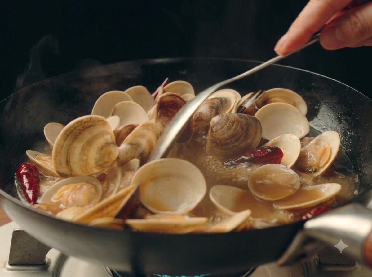 Finely chopped green onions being scattered over the bubbling clams in the pan.