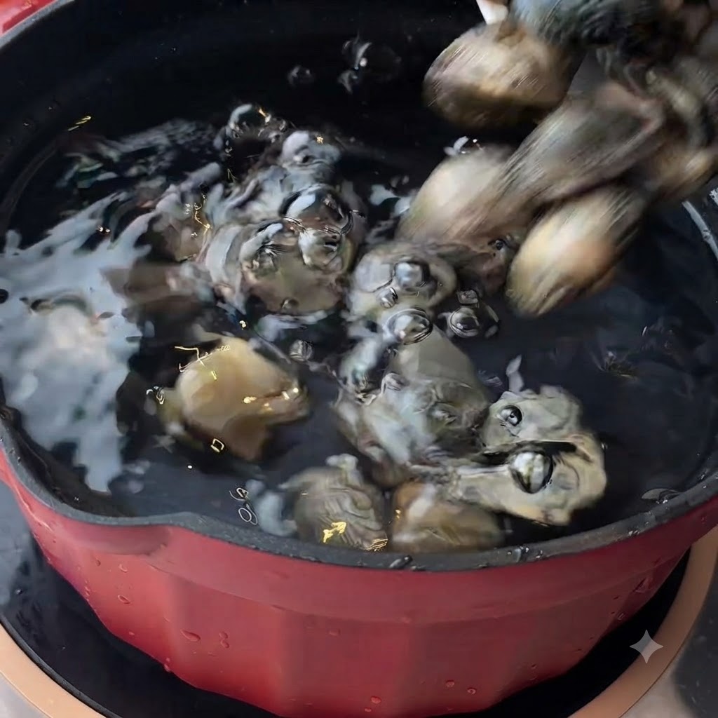 Clams being added to a red pot of boiling water.