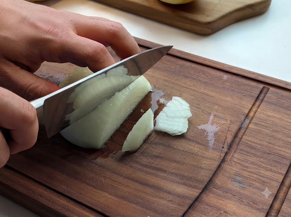 An onion being diced on a wooden cutting board with a knife.
