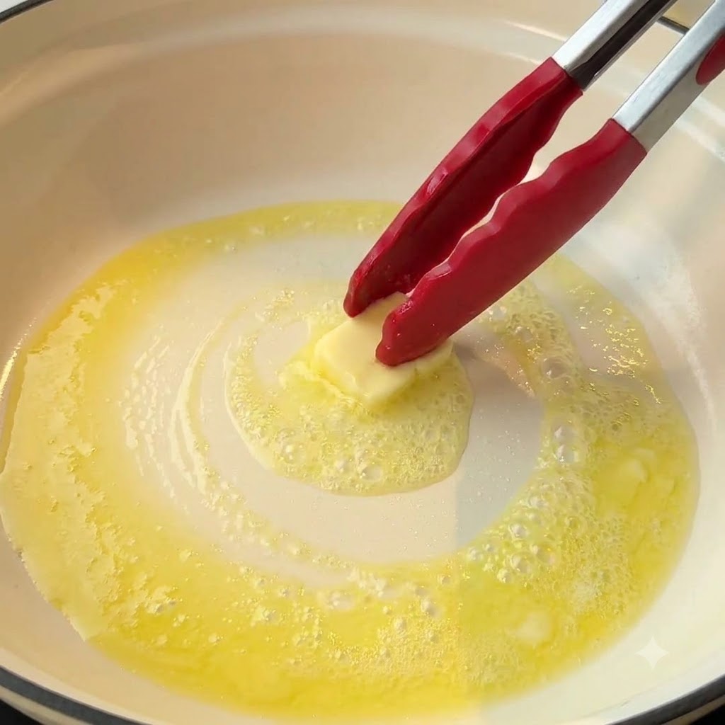 A piece of butter melting in a hot pan being stirred with red tongs.