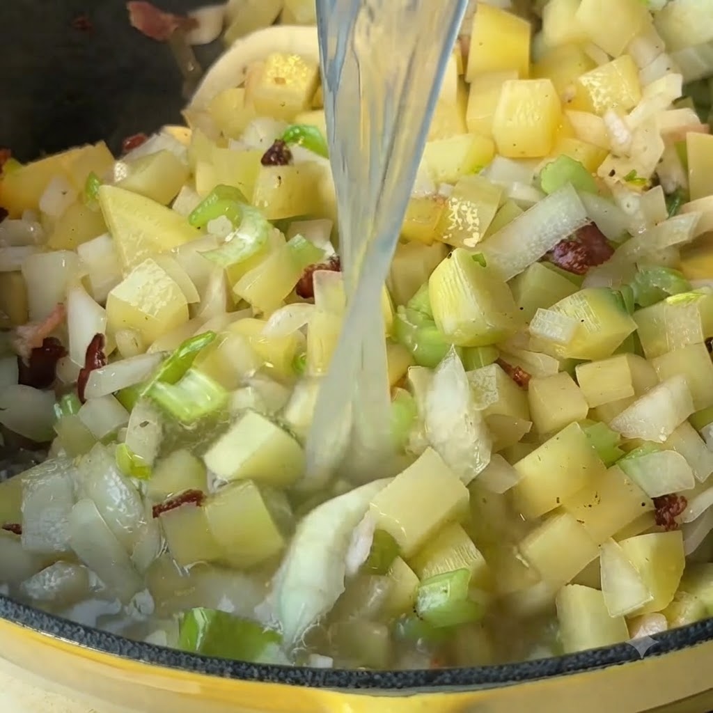 Clam stock being poured from a container into a pan of mixed diced potatoes, onions, and celery.