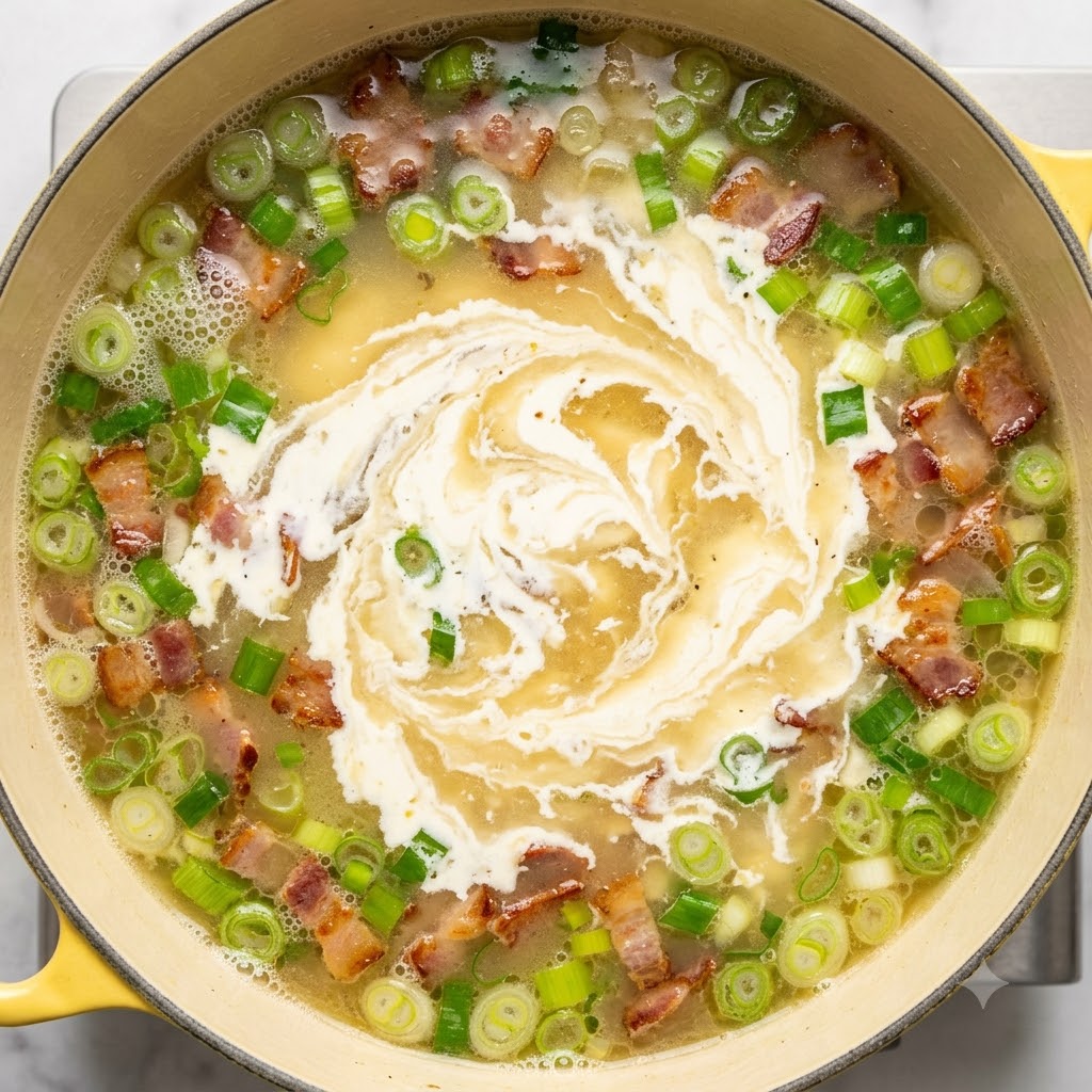 Heavy cream being swirled into the simmering vegetable soup base.