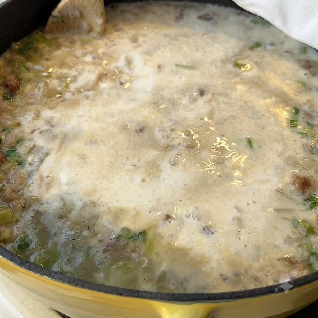 Clams being mixed into the creamy soup pot.
