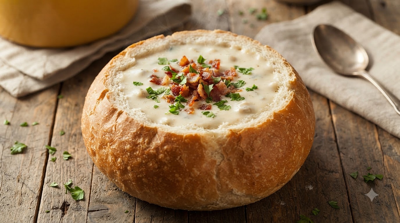 Classic American Clam Chowder in a Bread Bowl