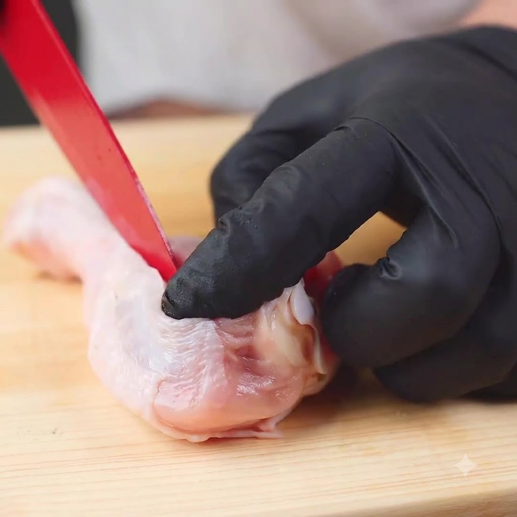 A small knife carefully separating meat from the bone of a raw chicken drumstick on a wooden board.