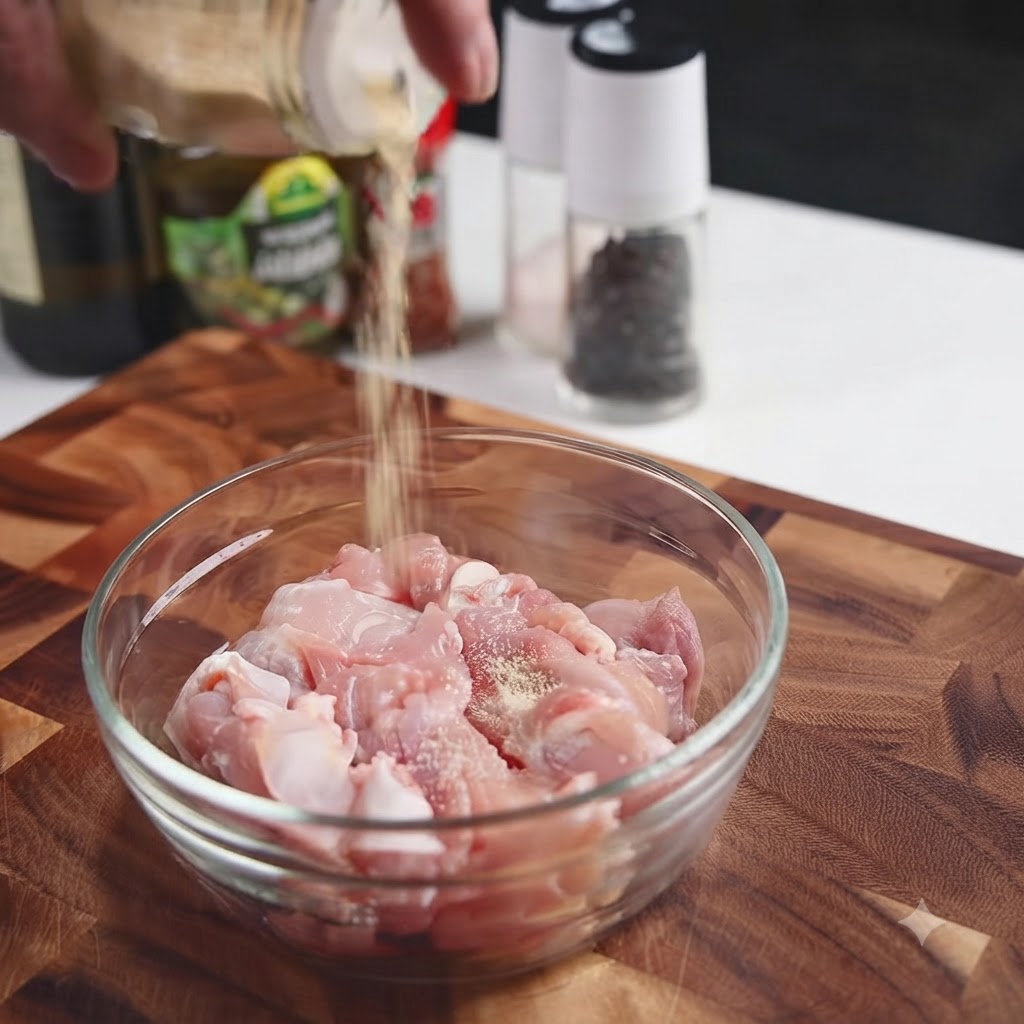 Spices being poured over raw chopped chicken pieces inside a clear glass bowl.