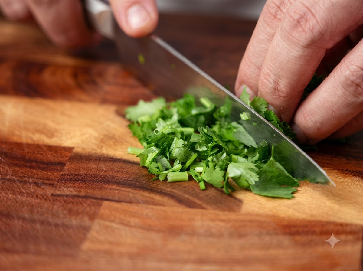 A sharp chef knife finely chopping fresh green cilantro on a wooden cutting surface.