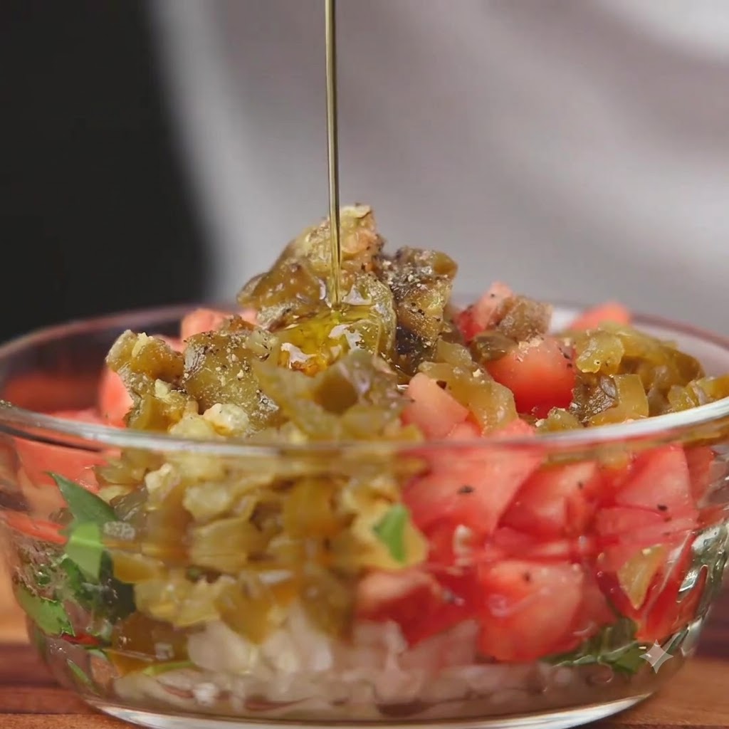Olive oil being poured over a freshly mixed bowl of diced tomatoes, onions, and chilies.