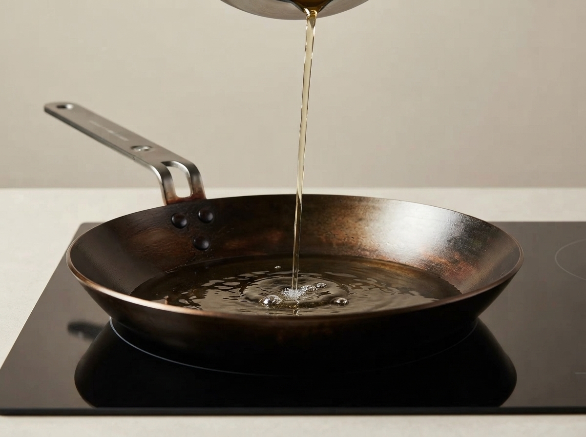 Cooking oil being poured into a hot dark metal skillet on a stove top.